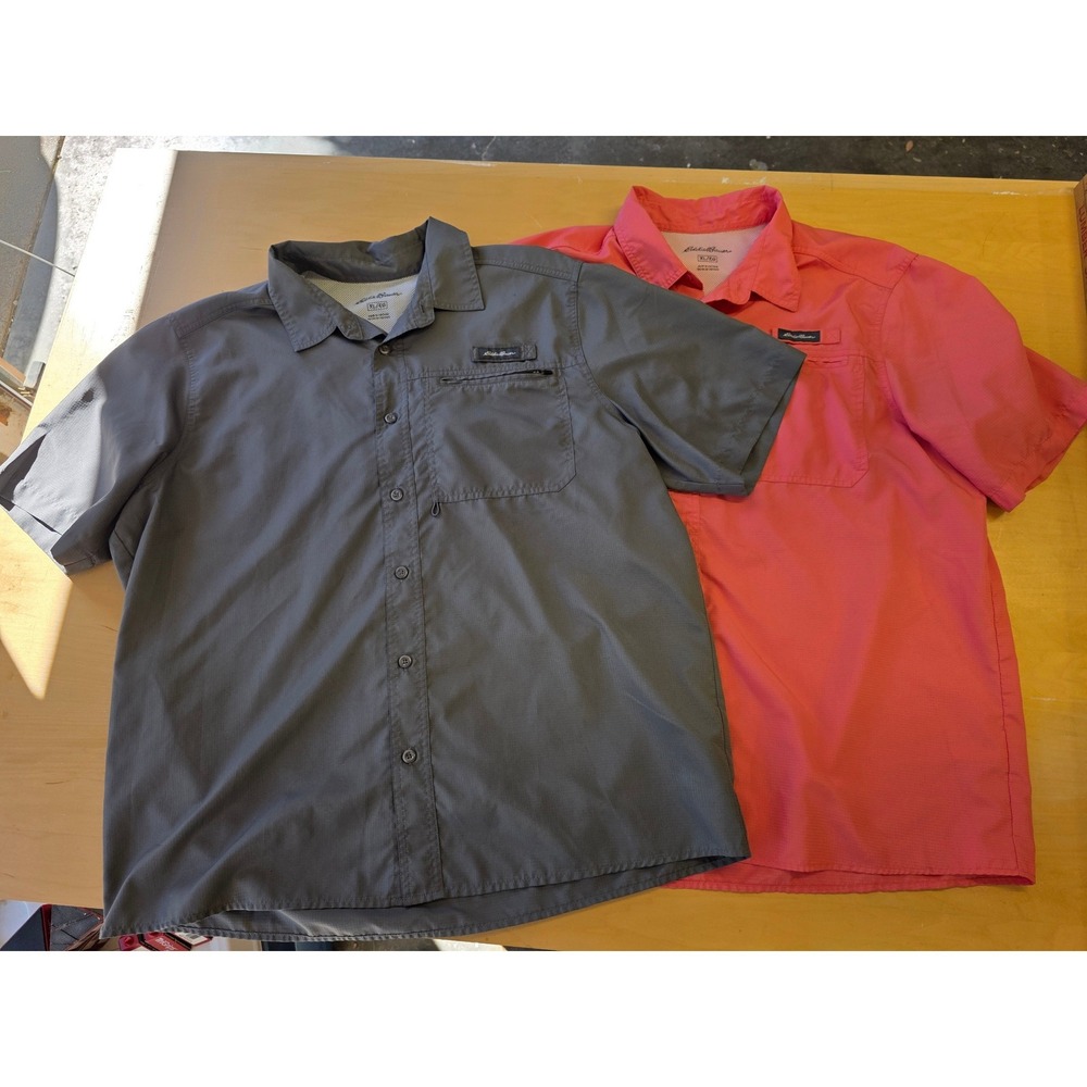 Lot of 2 Eddie Bauer Mens XL Short Sleeve Fishing Shirts Gray Coral Ripstop